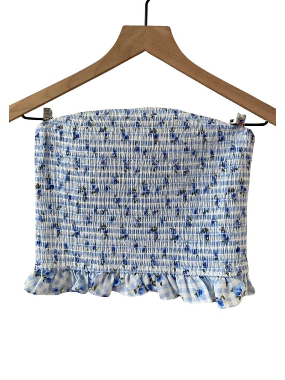 Forever 21 Smocked Blue Cotton Floral Gingham Tube Top with Ruffle Hem